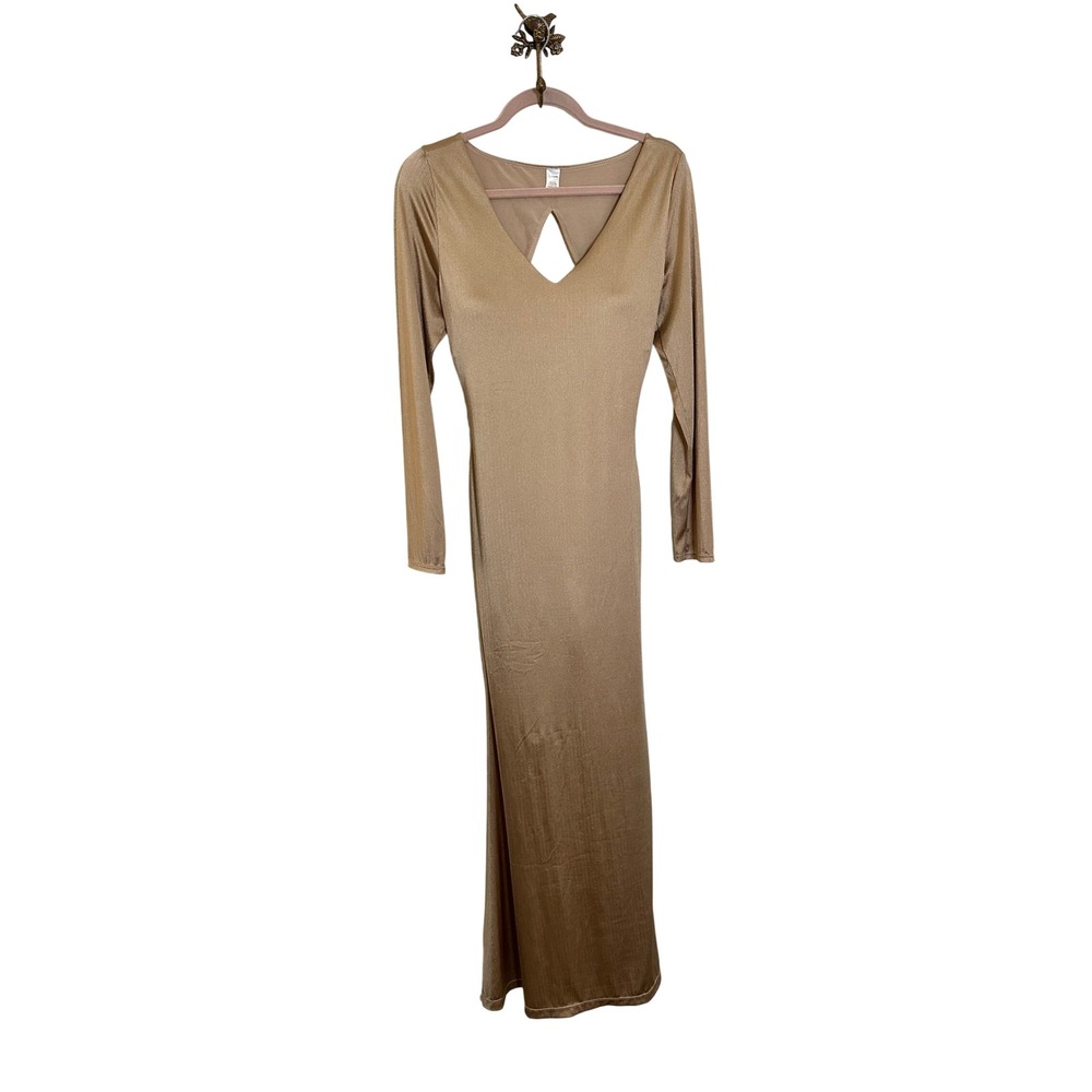 Popilush Maxi Cocktail Dress Size XL Gold Built-in Shapewear Open Back V-Neck